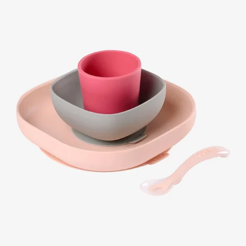 Béaba Set Repas Silicone Rose - 4 Pièces +6 mois